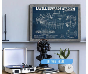 14" x 11" / Greyson Frame Cutler West BYU Cougars Stadium Art - Lavell Edwards Vintage Stadium & Blueprint Art Print