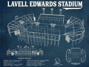 14" x 11" / Unframed Cutler West BYU Cougars Stadium Art - Lavell Edwards Vintage Stadium & Blueprint Art Print