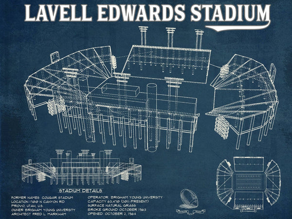14" x 11" / Unframed Cutler West BYU Cougars Stadium Art - Lavell Edwards Vintage Stadium & Blueprint Art Print