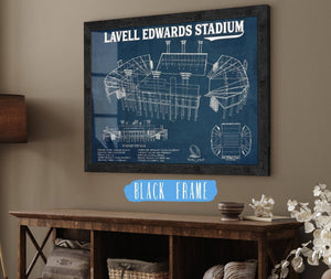 20" x 16" / Black Frame Cutler West BYU Cougars Stadium Art - Lavell Edwards Vintage Stadium & Blueprint Art Print