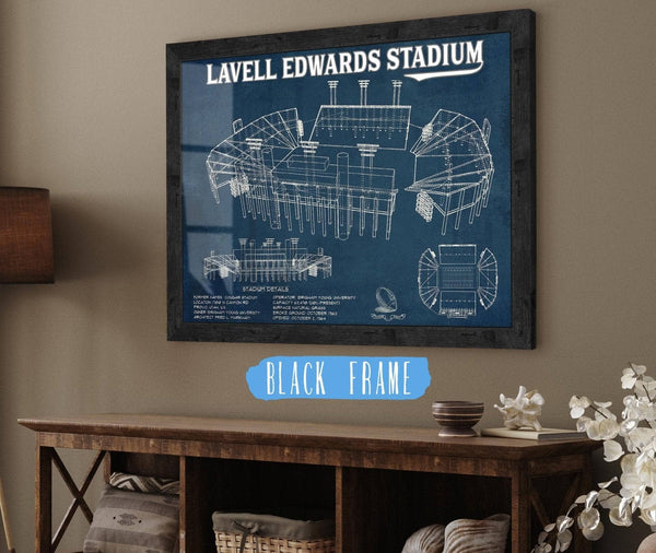 20" x 16" / Black Frame Cutler West BYU Cougars Stadium Art - Lavell Edwards Vintage Stadium & Blueprint Art Print