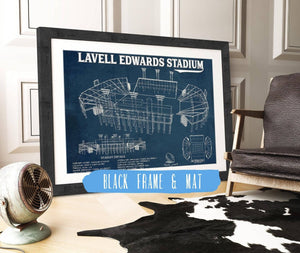 20" x 16" / Black Frame & Mat Cutler West BYU Cougars Stadium Art - Lavell Edwards Vintage Stadium & Blueprint Art Print