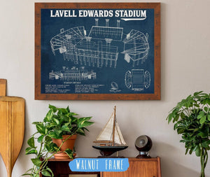 20" x 16" / Walnut Frame Cutler West BYU Cougars Stadium Art - Lavell Edwards Vintage Stadium & Blueprint Art Print