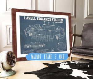 20" x 16" / Walnut Frame & Mat Cutler West BYU Cougars Stadium Art - Lavell Edwards Vintage Stadium & Blueprint Art Print