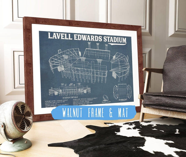 20" x 16" / Walnut Frame & Mat Cutler West BYU Cougars Stadium Art - Lavell Edwards Vintage Stadium & Blueprint Art Print