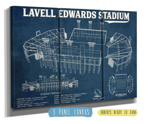 36" x 24" / 3 Panel Canvas Wrap Cutler West BYU Cougars Stadium Art - Lavell Edwards Vintage Stadium & Blueprint Art Print