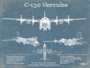 14" x 11" / Unframed Cutler West C-130 Hercules Aviation Blueprint Military Print - Custom Name and Squadron Text