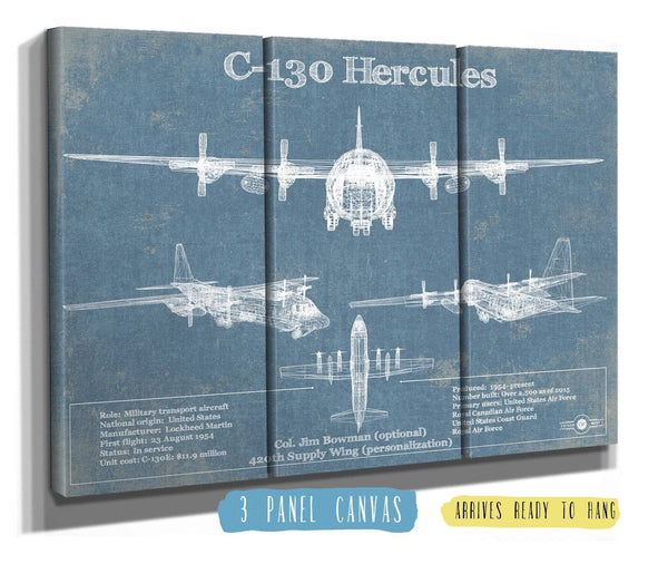 36" x 24" / 3 Panel Canvas Wrap Cutler West C-130 Hercules Aviation Blueprint Military Print - Custom Name and Squadron Text