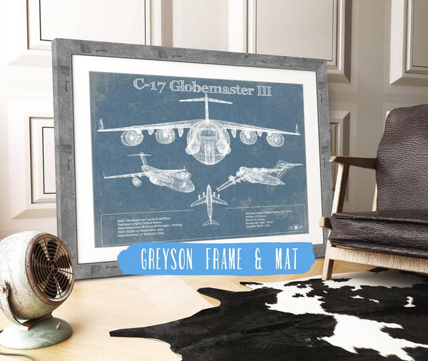 14" x 11" / Greyson Frame & Mat Cutler West C-17 Globemaster III USAF Vintage Aviation Blueprint Retirement Gift