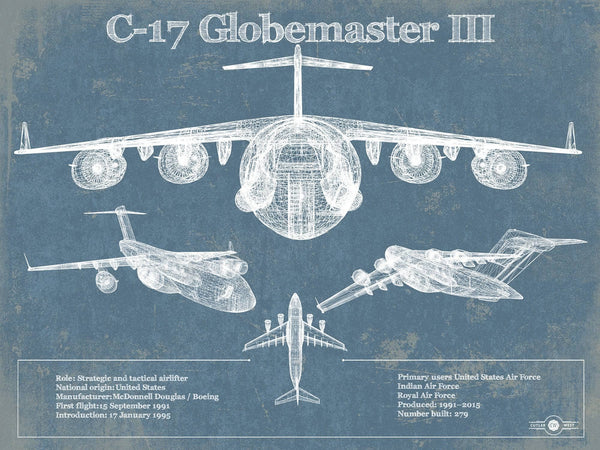 14" x 11" / Unframed Cutler West C-17 Globemaster III USAF Vintage Aviation Blueprint Retirement Gift