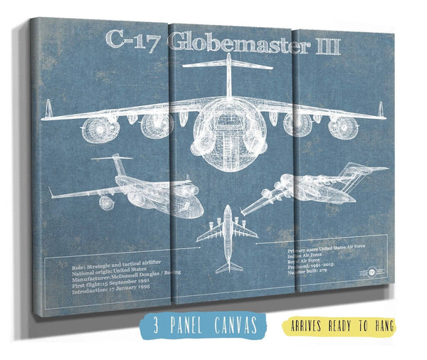 36" x 24" / 3 Panel Canvas Wrap Cutler West C-17 Globemaster III USAF Vintage Aviation Blueprint Retirement Gift