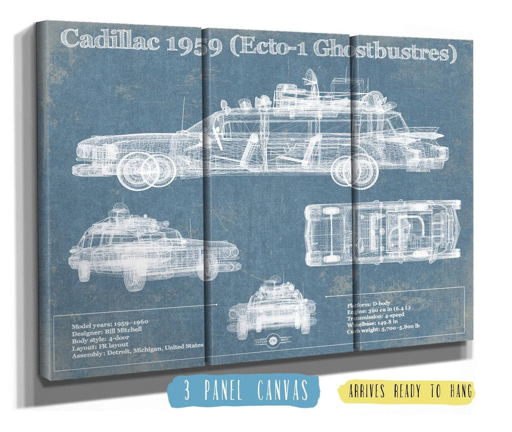 14" x 11" / Stretched Canvas Wrap Cutler West Cadillac 1959 ECTO-1 Ghostbusters  Blueprint Vintage Auto Print
