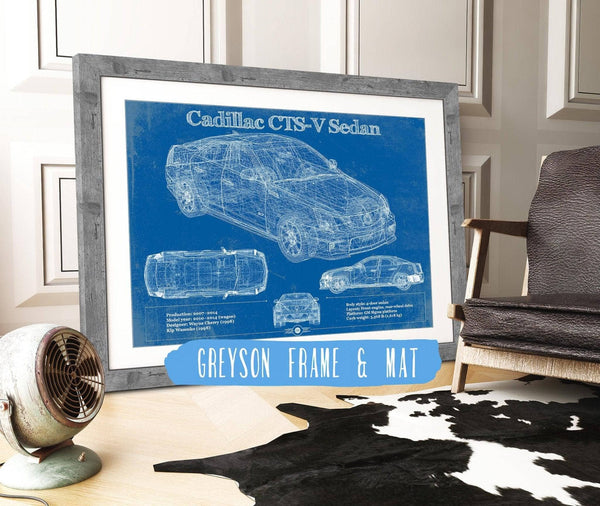 14" x 11" / Greyson Frame & Mat Cutler West Cadillac CTS-V Sedan Blueprint Vintage Auto Print