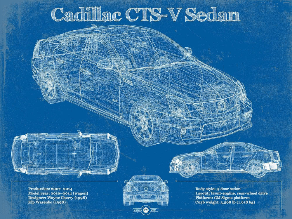 14" x 11" / Stretched Canvas Wrap Cutler West Cadillac CTS-V Sedan Blueprint Vintage Auto Print