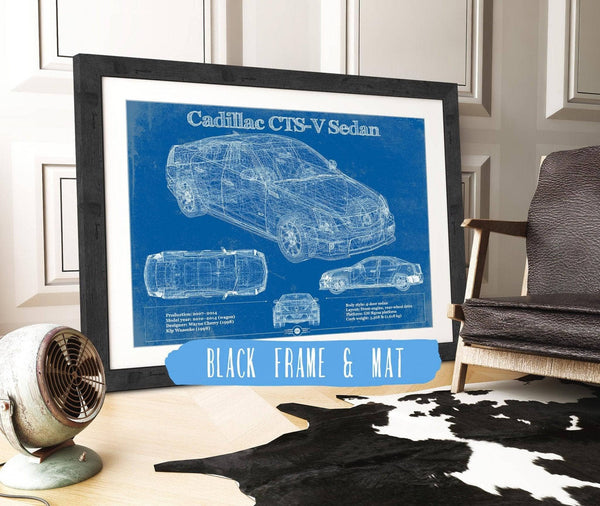 20" x 16" / Black Frame & Mat Cutler West Cadillac CTS-V Sedan Blueprint Vintage Auto Print