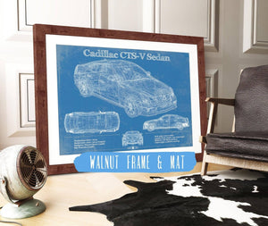 20" x 16" / Walnut Frame & Mat Cutler West Cadillac CTS-V Sedan Blueprint Vintage Auto Print