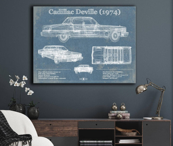 Cutler West Cadillac DeVille 1974 Vintage Blueprint Auto Print