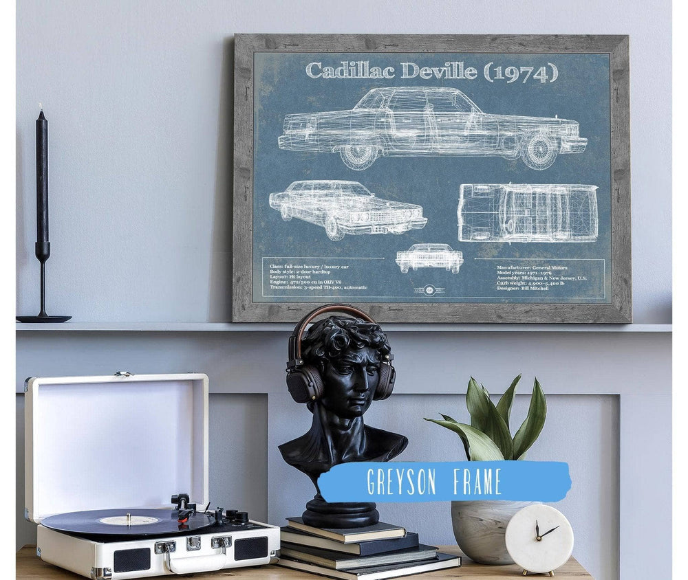14" x 11" / Stretched Canvas Wrap Cutler West Cadillac DeVille 1974 Vintage Blueprint Auto Print