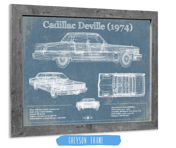 14" x 11" / Greyson Frame Cutler West Cadillac DeVille 1974 Vintage Blueprint Auto Print