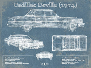 14" x 11" / Unframed Cutler West Cadillac DeVille 1974 Vintage Blueprint Auto Print