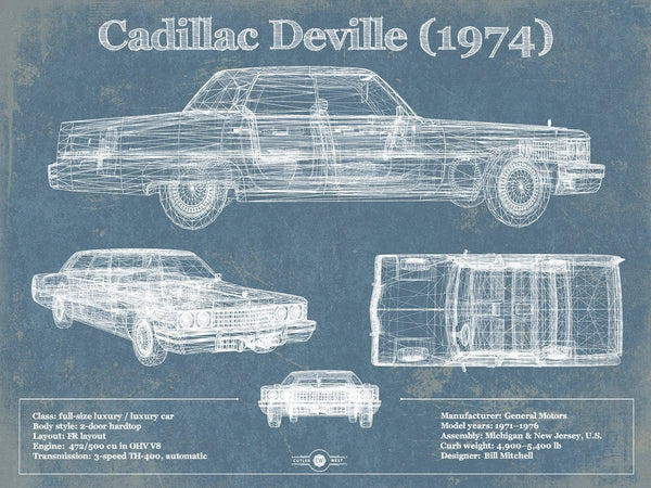 14" x 11" / Unframed Cutler West Cadillac DeVille 1974 Vintage Blueprint Auto Print