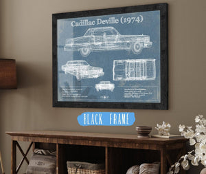 20" x 16" / Black Frame Cutler West Cadillac DeVille 1974 Vintage Blueprint Auto Print