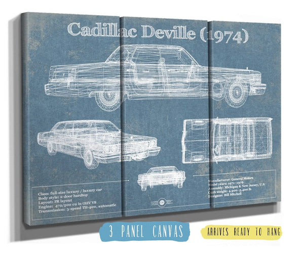 36" x 24" / 3 Panel Canvas Wrap Cutler West Cadillac DeVille 1974 Vintage Blueprint Auto Print