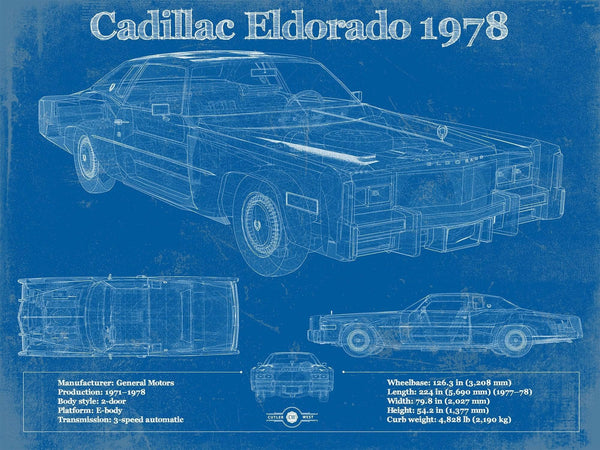 14" x 11" / Unframed Cutler West Cadillac Eldorado 1978 Vintage Blueprint Auto Print