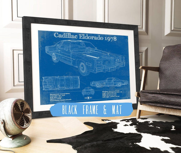 20" x 16" / Black Frame & Mat Cutler West Cadillac Eldorado 1978 Vintage Blueprint Auto Print