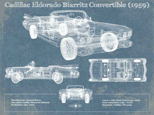 14" x 11" / Unframed Cutler West Cadillac Eldorado Biarritz Convertible (1959) Vintage Blueprint Auto Print