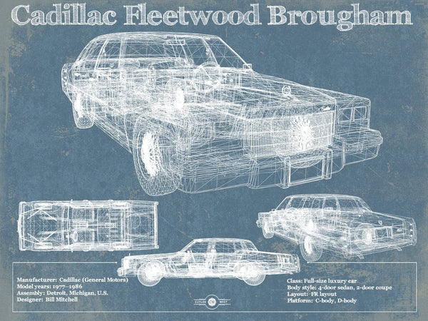 14" x 11" / Unframed Cutler West Cadillac Fleetwood Brougham Blueprint Vintage Auto Print
