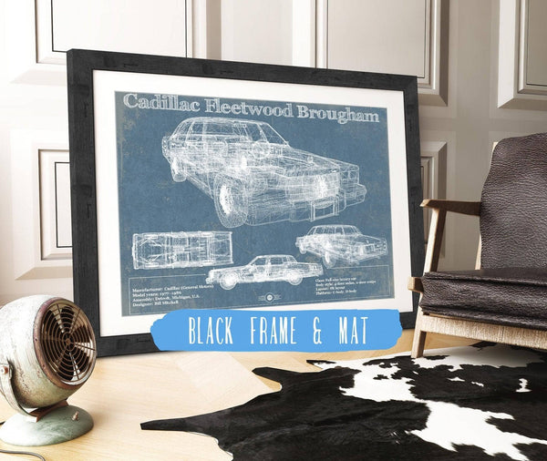 20" x 16" / Black Frame & Mat Cutler West Cadillac Fleetwood Brougham Blueprint Vintage Auto Print