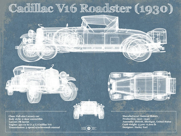 14" x 11" / Unframed Cutler West Cadillac V16 Roadster (1930) Vintage Blueprint Auto Print