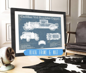 20" x 16" / Black Frame & Mat Cutler West Cadillac V16 Roadster (1930) Vintage Blueprint Auto Print