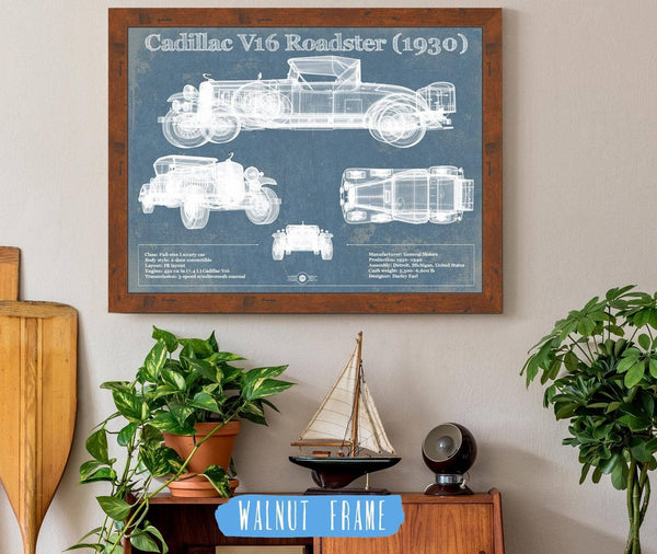 20" x 16" / Walnut Frame Cutler West Cadillac V16 Roadster (1930) Vintage Blueprint Auto Print