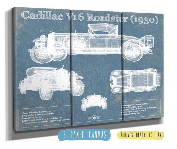 36" x 24" / 3 Panel Canvas Wrap Cutler West Cadillac V16 Roadster (1930) Vintage Blueprint Auto Print