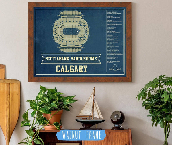 20" x 16" / Walnut Frame Cutler West Calgary Flames Scotiabank Saddledome Seating Chart - Vintage Hockey Print