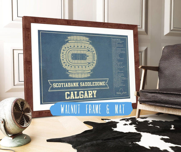 20" x 16" / Walnut Frame & Mat Cutler West Calgary Flames Scotiabank Saddledome Seating Chart - Vintage Hockey Print
