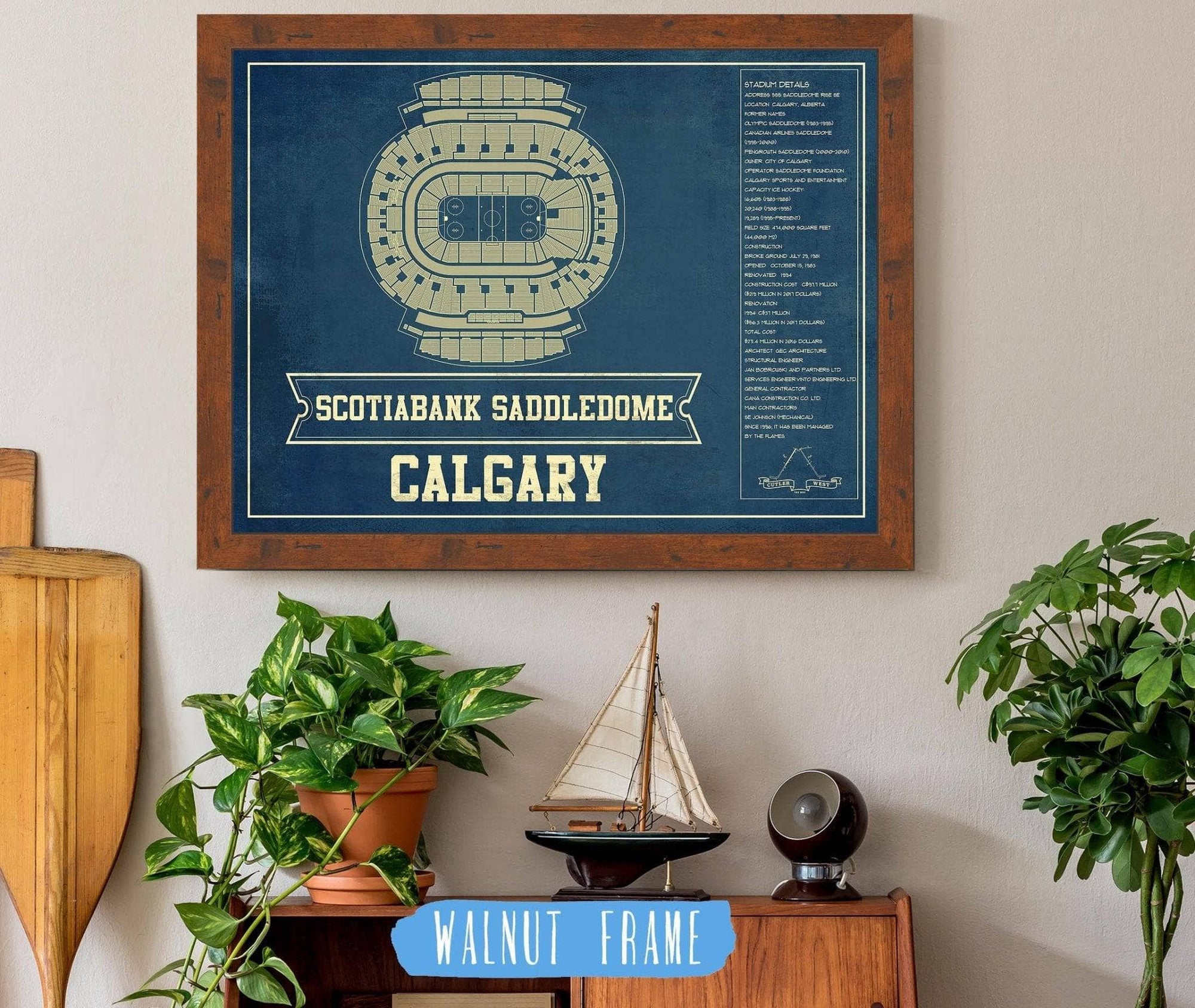 Cutler West 14" x 11" / Walnut Frame Calgary Flames Scotiabank Saddledome Seating Chart - Vintage Hockey Print 673818887_78744