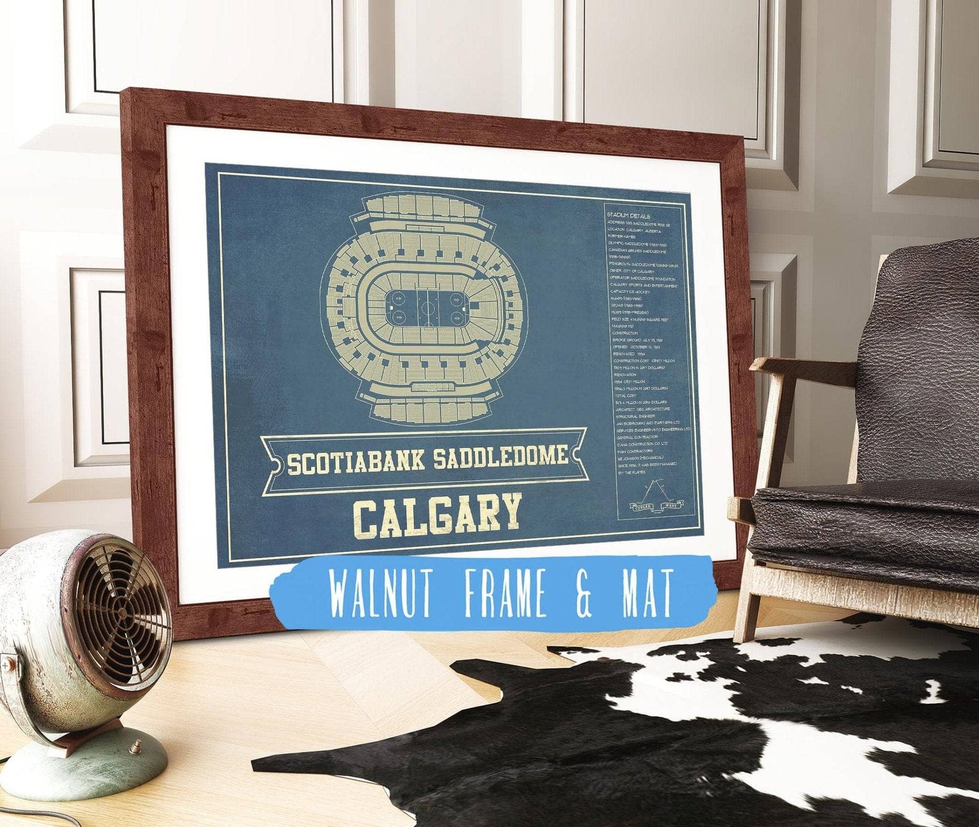Cutler West 14" x 11" / Walnut Frame & Mat Calgary Flames Scotiabank Saddledome Seating Chart - Vintage Hockey Print 673818887_78745