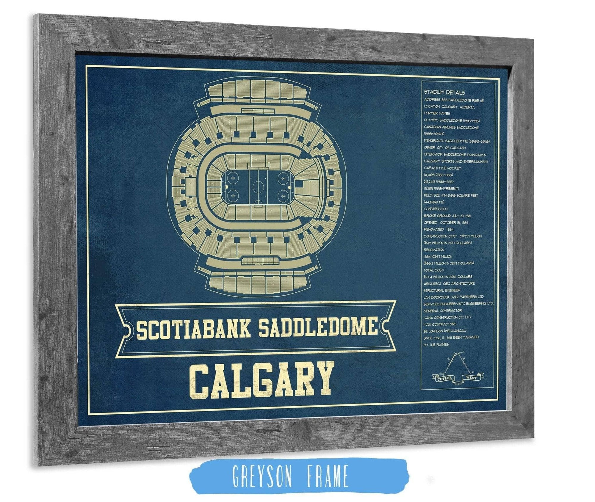 Cutler West 14" x 11" / Greyson Frame Calgary Flames Scotiabank Saddledome Seating Chart - Vintage Hockey Print 673818887_78748
