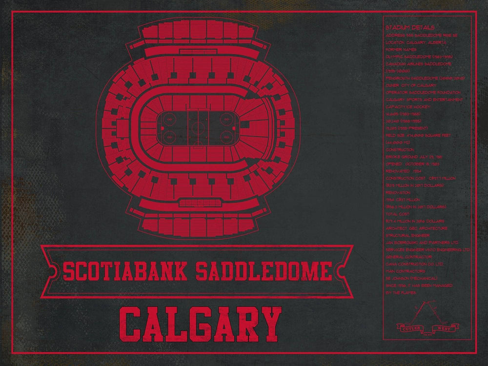 14" x 11" / Stretched Canvas Wrap Cutler West Calgary Flames Scotiabank Saddledome Seating Chart - Vintage Hockey Team Color Print