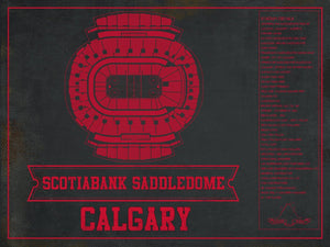 14" x 11" / Unframed Cutler West Calgary Flames Scotiabank Saddledome Seating Chart - Vintage Hockey Team Color Print