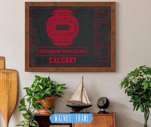 20" x 16" / Walnut Frame Cutler West Calgary Flames Scotiabank Saddledome Seating Chart - Vintage Hockey Team Color Print