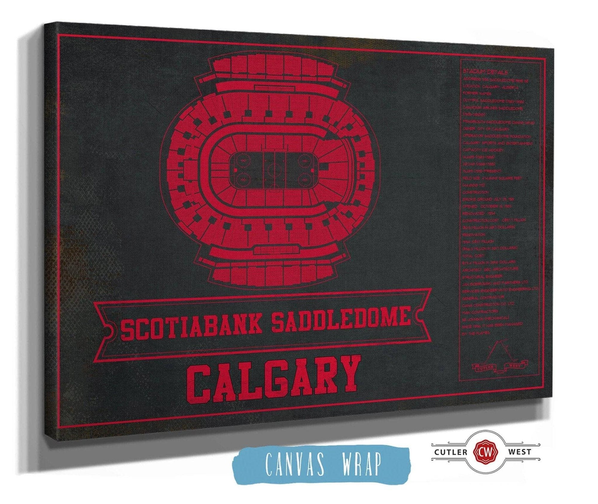 Cutler West 14" x 11" / Stretched Canvas Wrap Calgary Flames Scotiabank Saddledome Seating Chart - Vintage Hockey Team Color Print 673818887-TEAM