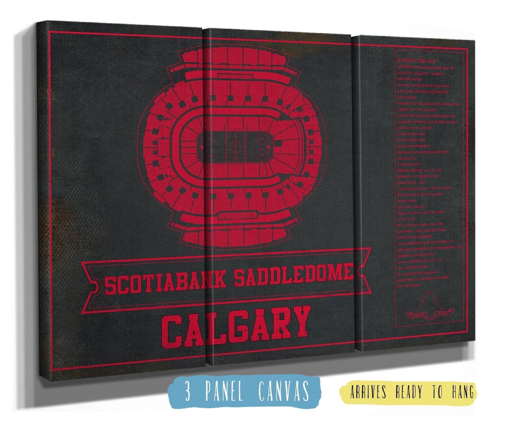 Cutler West 48" x 32" / 3 Panel Canvas Wrap Calgary Flames Scotiabank Saddledome Seating Chart - Vintage Hockey Team Color Print 673818887-TEAM