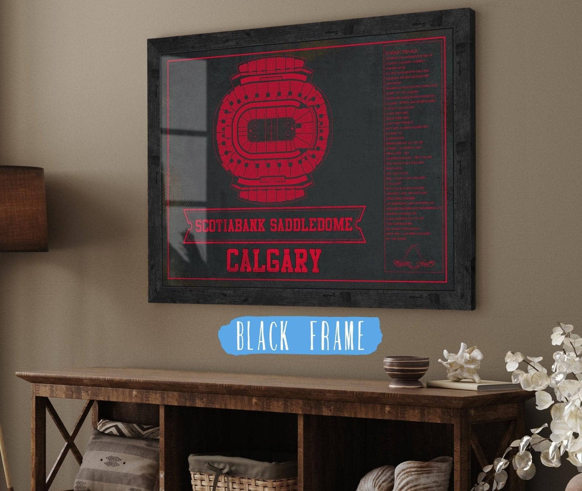 Cutler West 14" x 11" / Black Frame Calgary Flames Scotiabank Saddledome Seating Chart - Vintage Hockey Team Color Print 673818887-TEAM