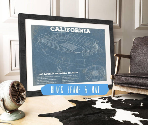 20" x 16" / Black Frame & Mat Cutler West California Memorial Stadium Art - University of California Bears Vintage Stadium & Blueprint Art Print