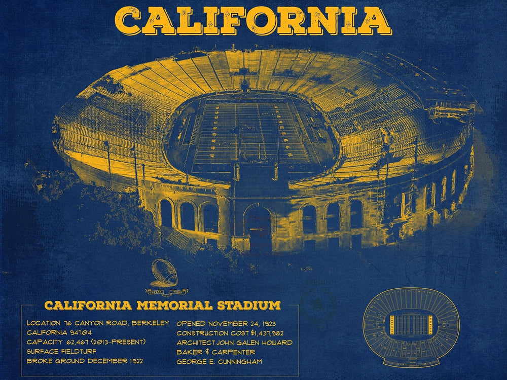 14" x 11" / Stretched Canvas Wrap Cutler West California Memorial Stadium Poster - University of California Bears Vintage Stadium & Blueprint Art Print