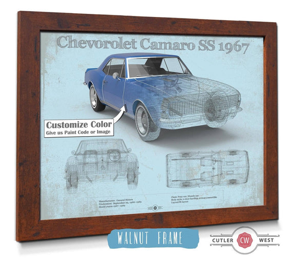 20" x 16" / Walnut Frame & Mat Cutler West Camaro SS 1967 Original Vintage Car Print